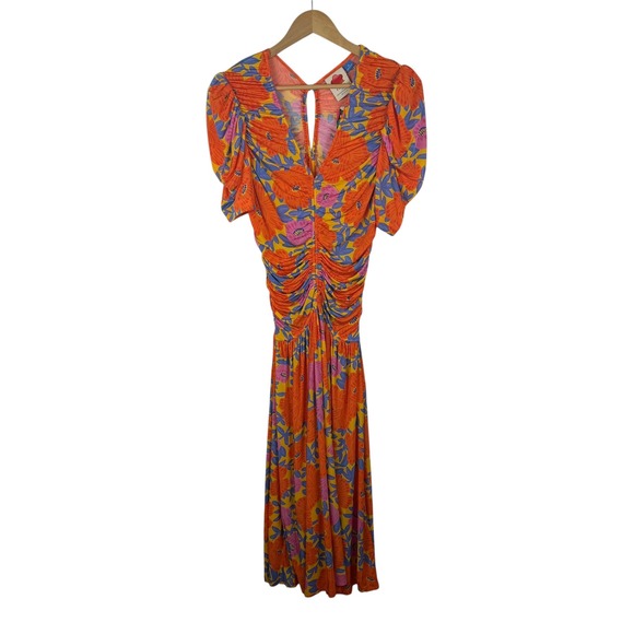 NWT Farm Rio Anthropologie Peony Floral Ruched Midi Dress Sz XS Colorful Stretch - Picture 2 of 13